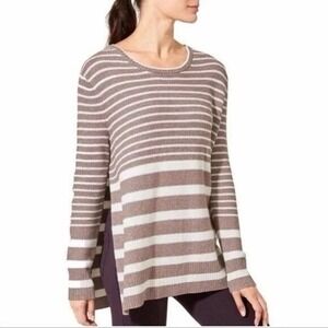 Athleta Women XXS/XS Taupe Striped Merino Wool Blend Kennewick Side Slit Sweater